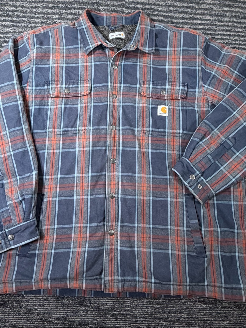 Carhartt Sherpa Lined Flannel Shirt Jacket Blue Orange Plaid 3XL